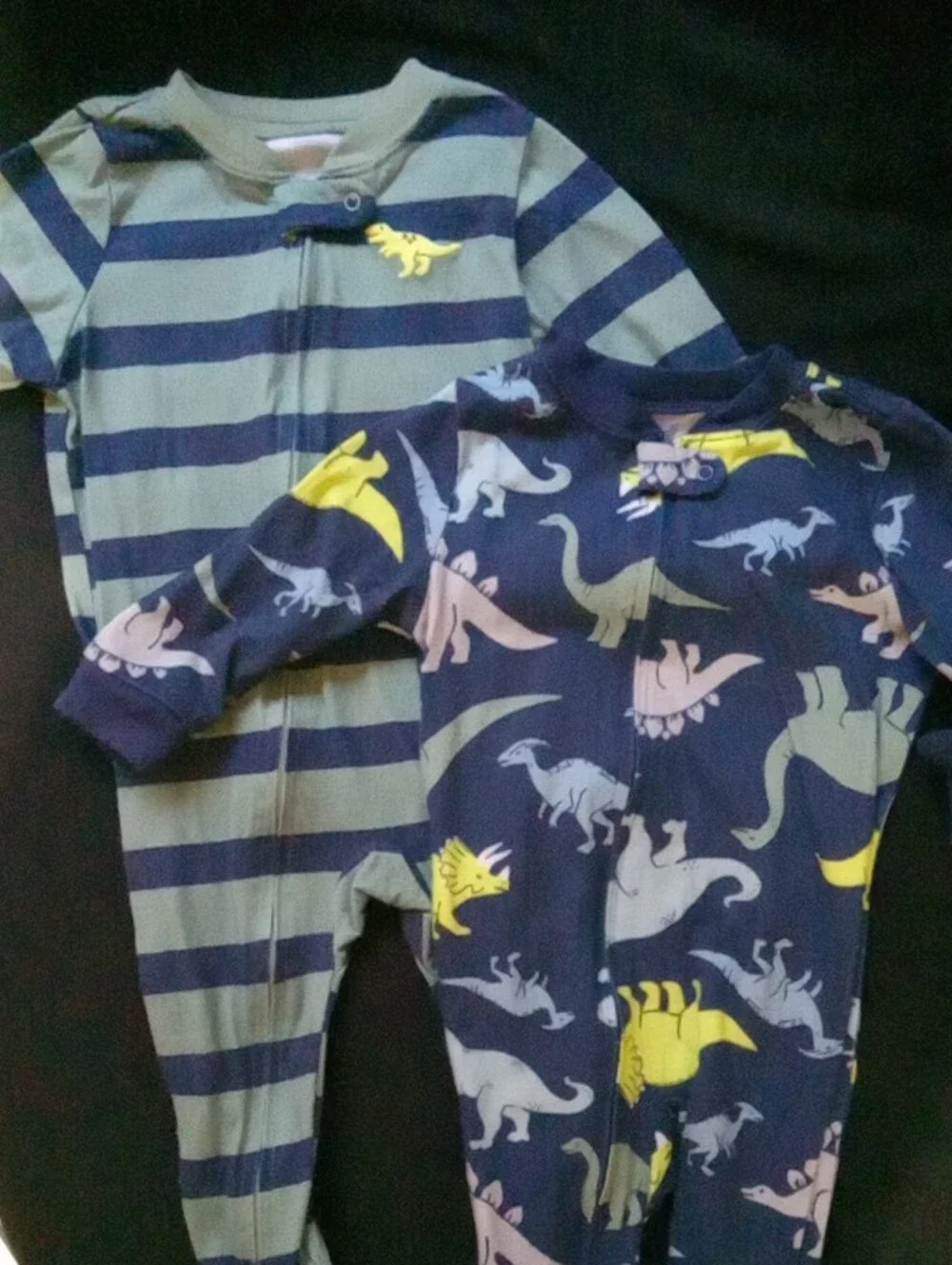 Carter's Navy & Sage Striped and Dino Footed One-Pieces